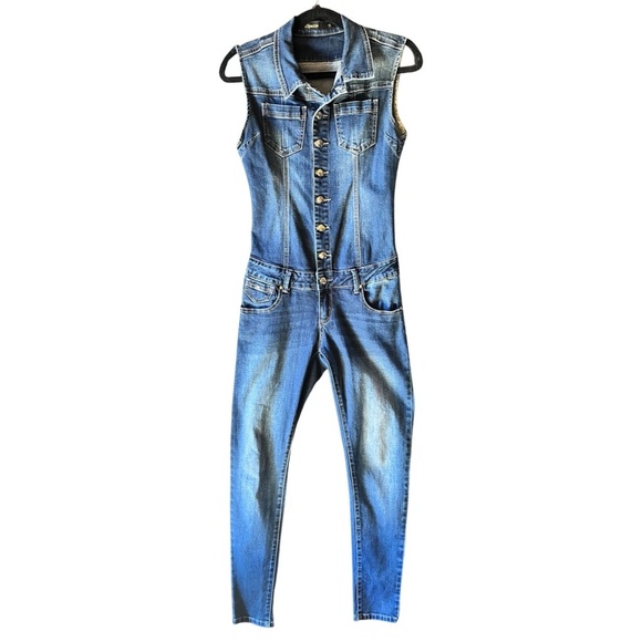 Skinny Denim Button-up Jumpsuit - Picture 1 of 6